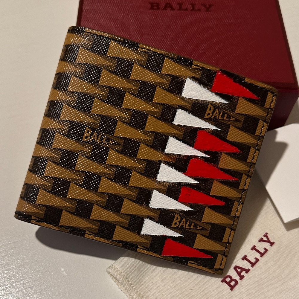 New Authentic Custom Painted Bally Geometric Brown & Black logo Pattern Wallet